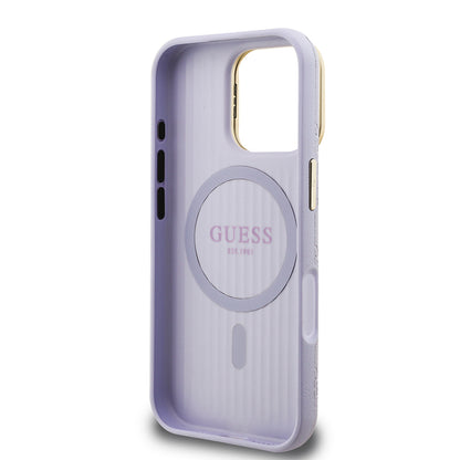 Apple iPhone 16 Pro Max Kılıf Guess Orjinal Lisanslı M-safe Şarj Özellikli Sıcak Baskılı Yazı Logolu Kamera Standlı PU Deri Peony Kapak Mor