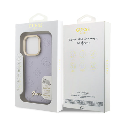 Apple iPhone 16 Pro Max Kılıf Guess Orjinal Lisanslı M-safe Şarj Özellikli Sıcak Baskılı Yazı Logolu Kamera Standlı PU Deri Peony Kapak Pembe