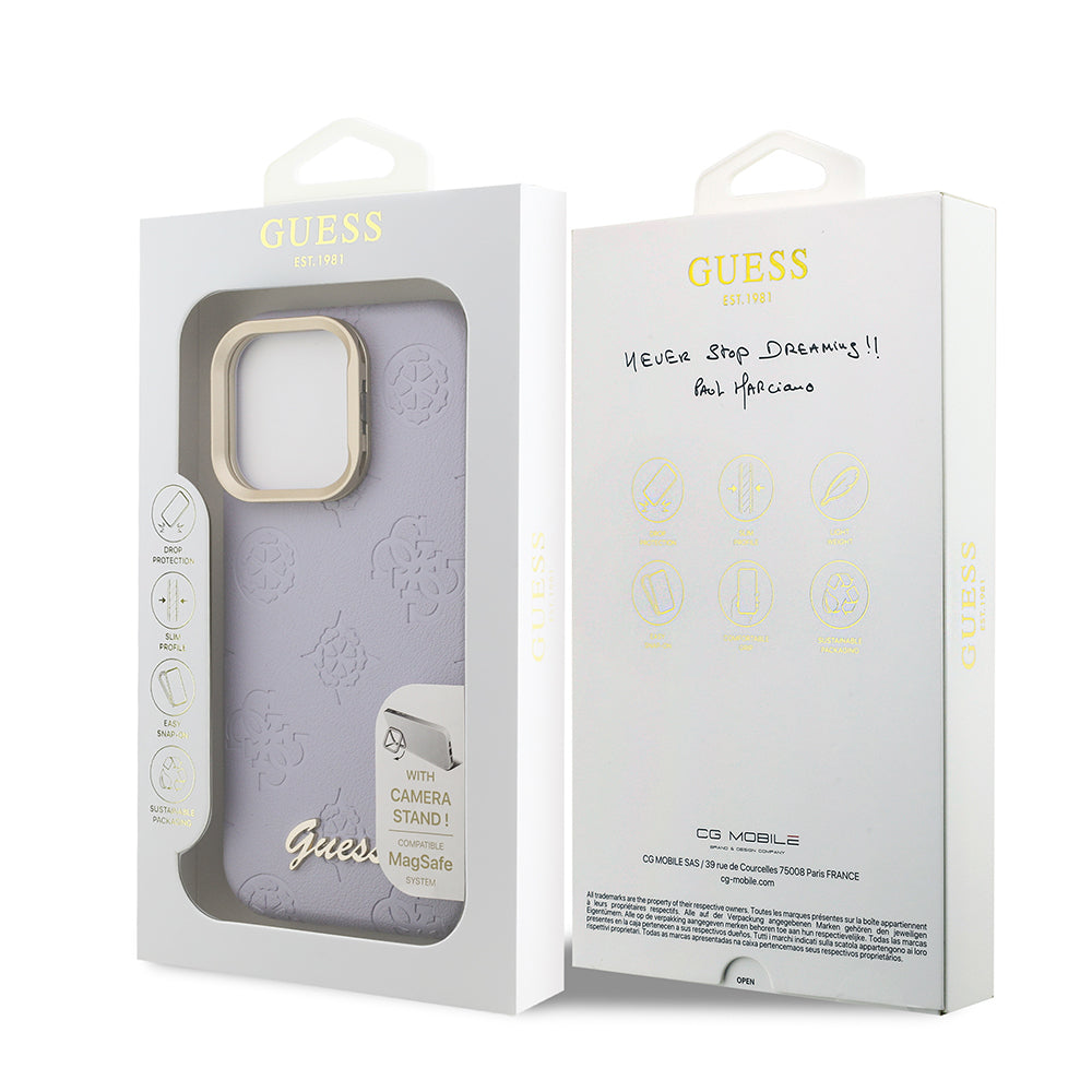 Apple iPhone 16 Pro Max Kılıf Guess Orjinal Lisanslı M-safe Şarj Özellikli Sıcak Baskılı Yazı Logolu Kamera Standlı PU Deri Peony Kapak Mor