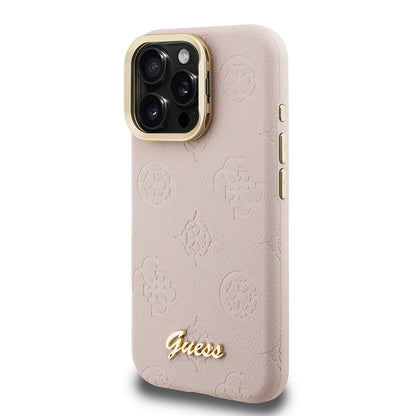 Apple iPhone 16 Pro Max Kılıf Guess Orjinal Lisanslı M-safe Şarj Özellikli Sıcak Baskılı Yazı Logolu Kamera Standlı PU Deri Peony Kapak Bej