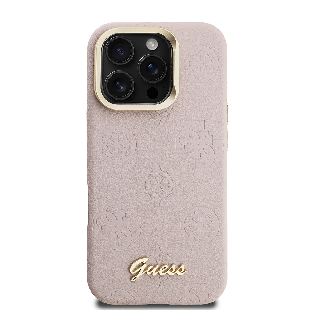 Apple iPhone 16 Pro Max Kılıf Guess Orjinal Lisanslı M-safe Şarj Özellikli Sıcak Baskılı Yazı Logolu Kamera Standlı PU Deri Peony Kapak Pembe