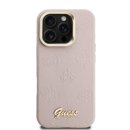 Apple iPhone 16 Pro Max Kılıf Guess Orjinal Lisanslı M-safe Şarj Özellikli Sıcak Baskılı Yazı Logolu Kamera Standlı PU Deri Peony Kapak Pembe