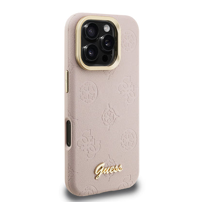 Apple iPhone 16 Pro Max Kılıf Guess Orjinal Lisanslı M-safe Şarj Özellikli Sıcak Baskılı Yazı Logolu Kamera Standlı PU Deri Peony Kapak Pembe
