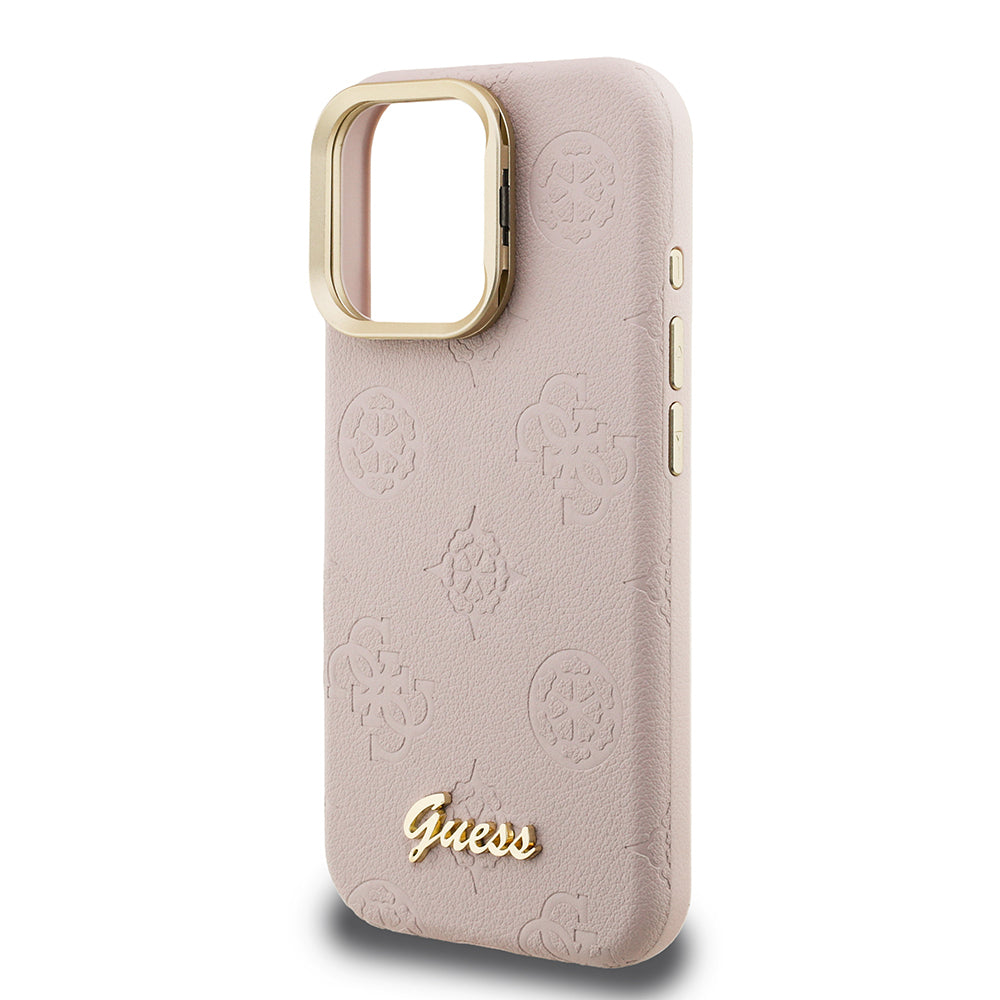 Apple iPhone 16 Pro Max Kılıf Guess Orjinal Lisanslı M-safe Şarj Özellikli Sıcak Baskılı Yazı Logolu Kamera Standlı PU Deri Peony Kapak Pembe