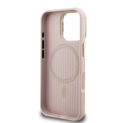 Apple iPhone 16 Pro Max Kılıf Guess Orjinal Lisanslı M-safe Şarj Özellikli Sıcak Baskılı Yazı Logolu Kamera Standlı PU Deri Peony Kapak Pembe