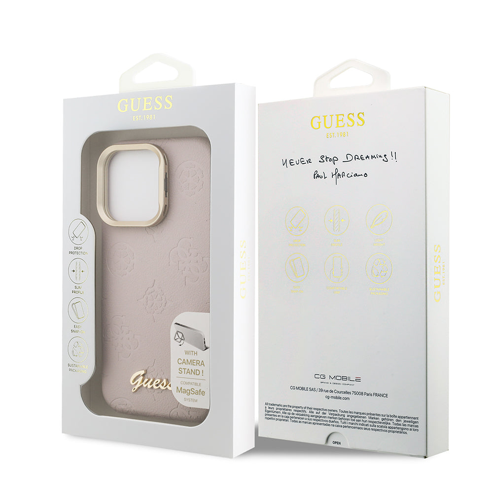 Apple iPhone 16 Pro Max Kılıf Guess Orjinal Lisanslı M-safe Şarj Özellikli Sıcak Baskılı Yazı Logolu Kamera Standlı PU Deri Peony Kapak Pembe