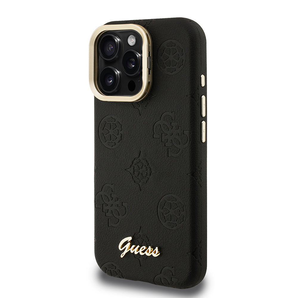 Apple iPhone 16 Pro Max Kılıf Guess Orjinal Lisanslı M-safe Şarj Özellikli Sıcak Baskılı Yazı Logolu Kamera Standlı PU Deri Peony Kapak Mor