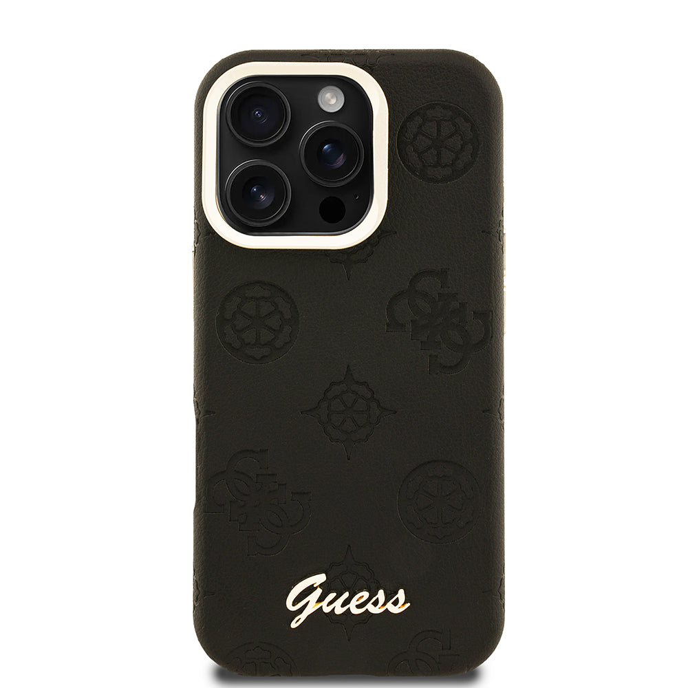 Apple iPhone 16 Pro Max Kılıf Guess Orjinal Lisanslı M-safe Şarj Özellikli Sıcak Baskılı Yazı Logolu Kamera Standlı PU Deri Peony Kapak Siyah