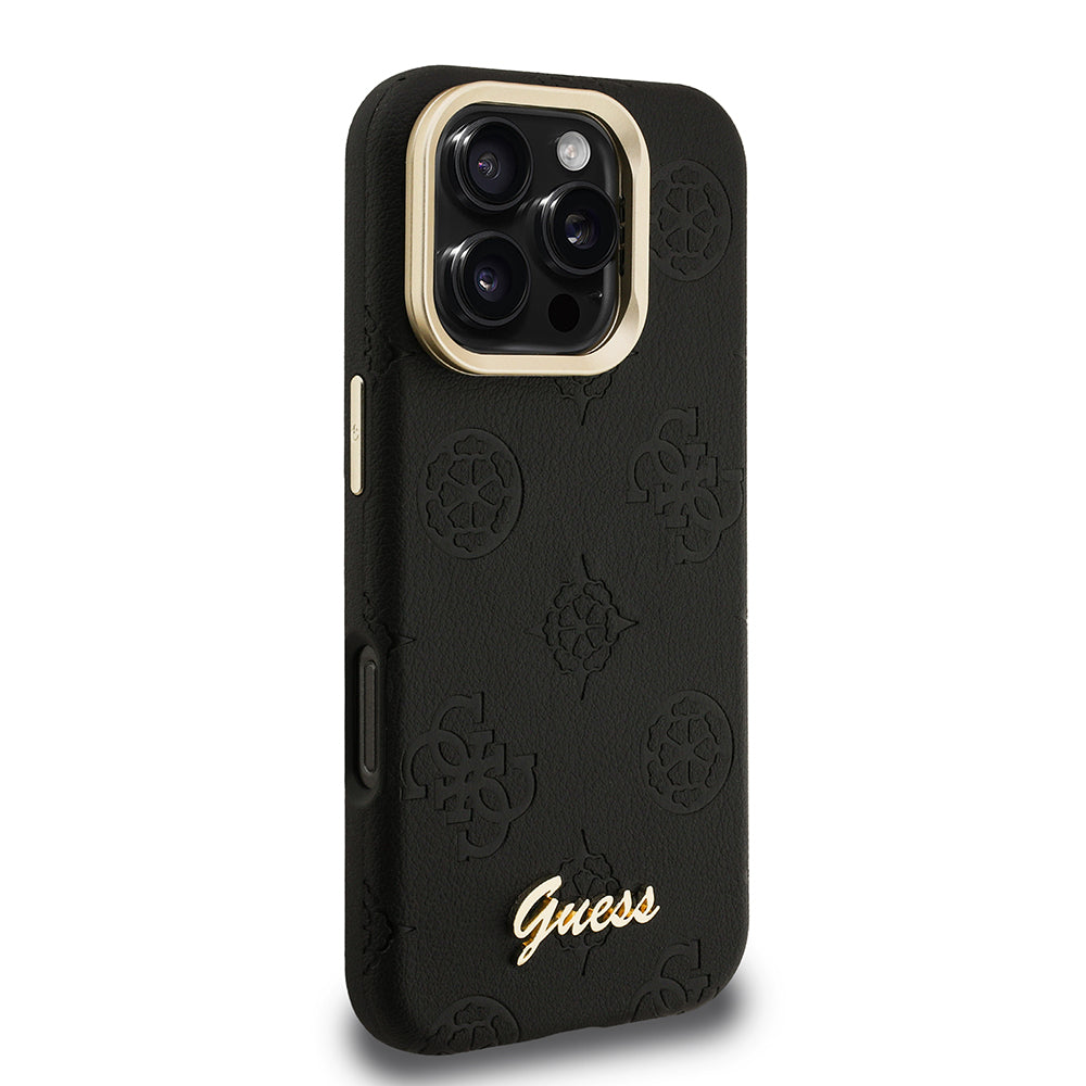 Apple iPhone 16 Pro Max Kılıf Guess Orjinal Lisanslı M-safe Şarj Özellikli Sıcak Baskılı Yazı Logolu Kamera Standlı PU Deri Peony Kapak Pembe
