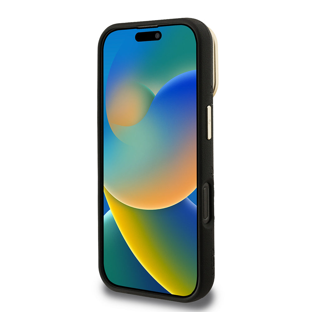 Apple iPhone 16 Pro Max Kılıf Guess Orjinal Lisanslı M-safe Şarj Özellikli Sıcak Baskılı Yazı Logolu Kamera Standlı PU Deri Peony Kapak Pembe