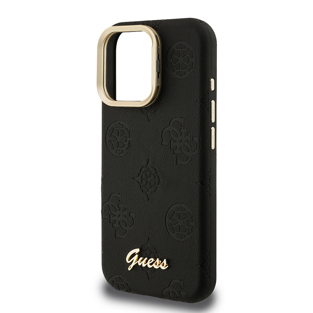Apple iPhone 16 Pro Max Kılıf Guess Orjinal Lisanslı M-safe Şarj Özellikli Sıcak Baskılı Yazı Logolu Kamera Standlı PU Deri Peony Kapak Pembe