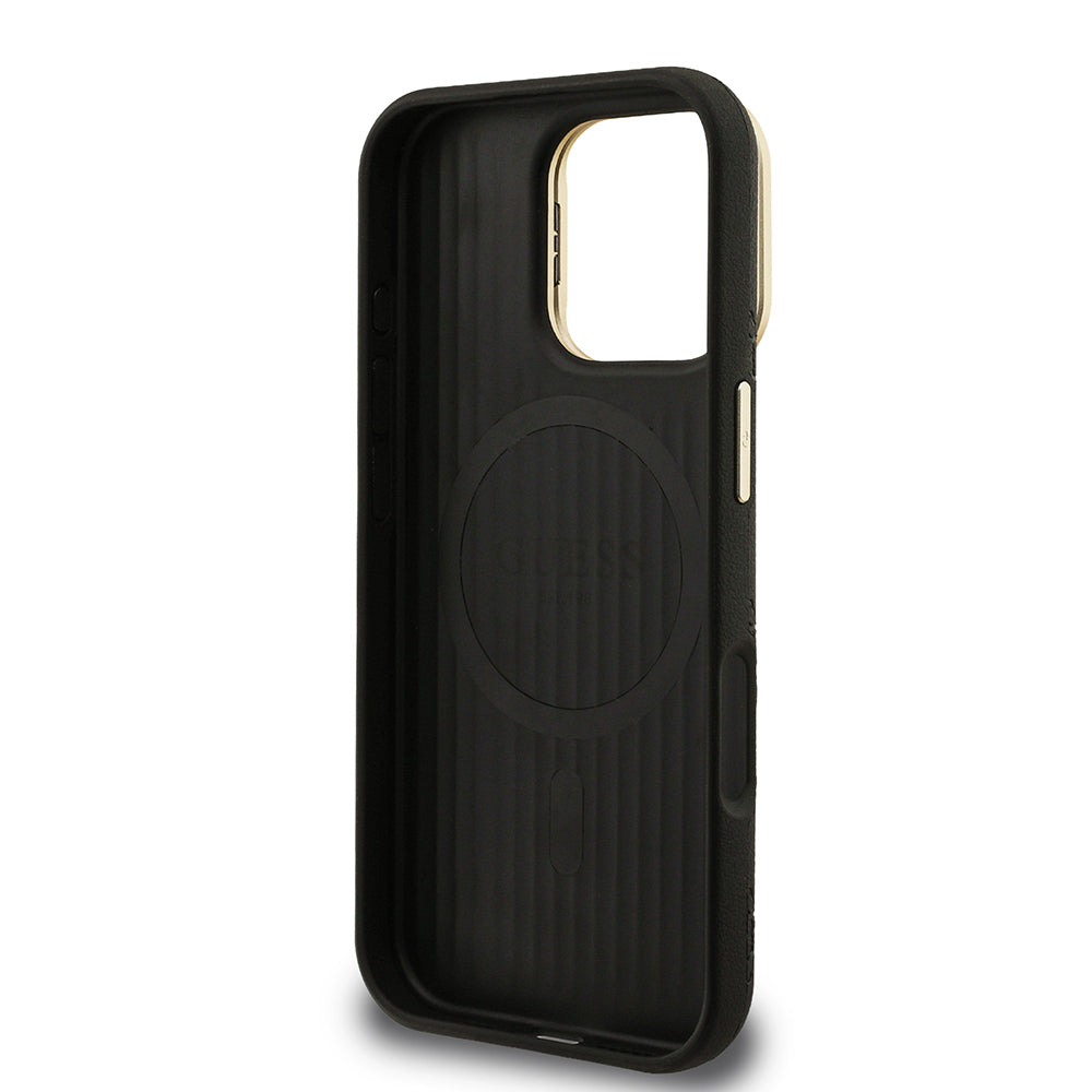 Apple iPhone 16 Pro Max Kılıf Guess Orjinal Lisanslı M-safe Şarj Özellikli Sıcak Baskılı Yazı Logolu Kamera Standlı PU Deri Peony Kapak Pembe