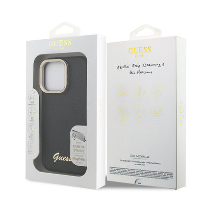 Apple iPhone 16 Pro Max Kılıf Guess Orjinal Lisanslı M-safe Şarj Özellikli Sıcak Baskılı Yazı Logolu Kamera Standlı PU Deri Peony Kapak Pembe
