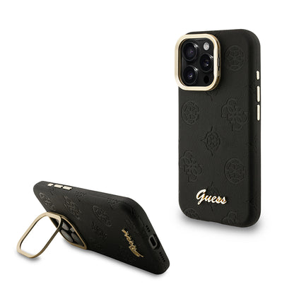 Apple iPhone 16 Pro Max Kılıf Guess Orjinal Lisanslı M-safe Şarj Özellikli Sıcak Baskılı Yazı Logolu Kamera Standlı PU Deri Peony Kapak Siyah