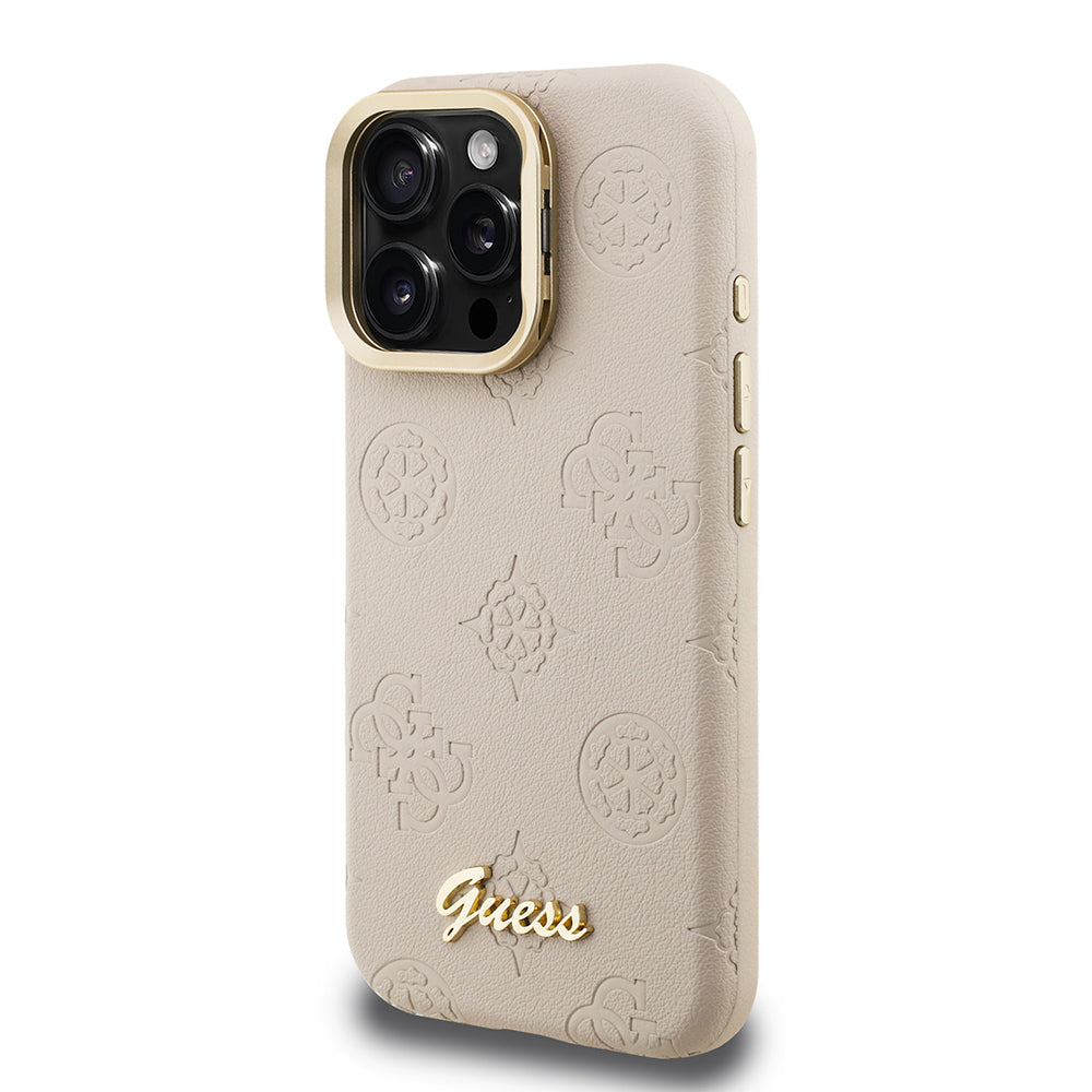 Apple iPhone 16 Pro Max Kılıf Guess Orjinal Lisanslı M-safe Şarj Özellikli Sıcak Baskılı Yazı Logolu Kamera Standlı PU Deri Peony Kapak Pembe
