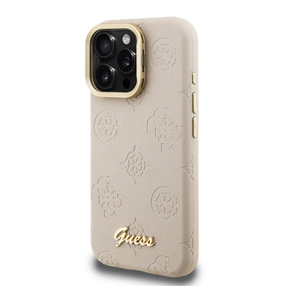 Apple iPhone 16 Pro Max Kılıf Guess Orjinal Lisanslı M-safe Şarj Özellikli Sıcak Baskılı Yazı Logolu Kamera Standlı PU Deri Peony Kapak Pembe