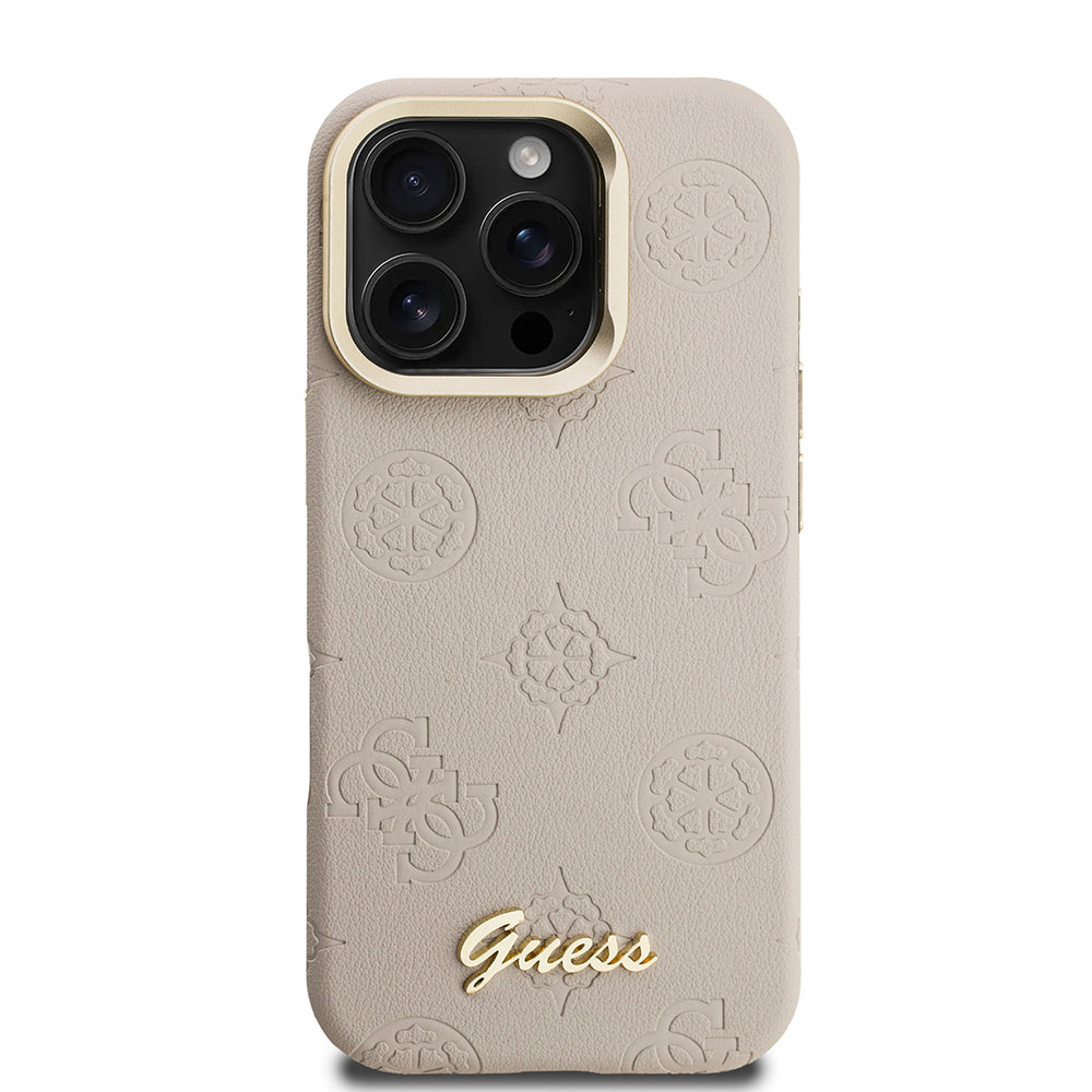 Apple iPhone 16 Pro Max Kılıf Guess Orjinal Lisanslı M-safe Şarj Özellikli Sıcak Baskılı Yazı Logolu Kamera Standlı PU Deri Peony Kapak Mor