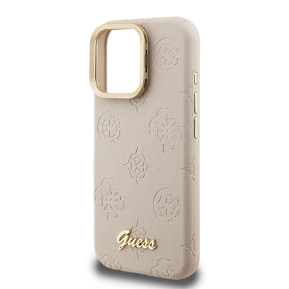 Apple iPhone 16 Pro Max Kılıf Guess Orjinal Lisanslı M-safe Şarj Özellikli Sıcak Baskılı Yazı Logolu Kamera Standlı PU Deri Peony Kapak Pembe