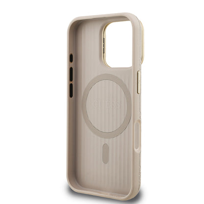 Apple iPhone 16 Pro Max Kılıf Guess Orjinal Lisanslı M-safe Şarj Özellikli Sıcak Baskılı Yazı Logolu Kamera Standlı PU Deri Peony Kapak Mor