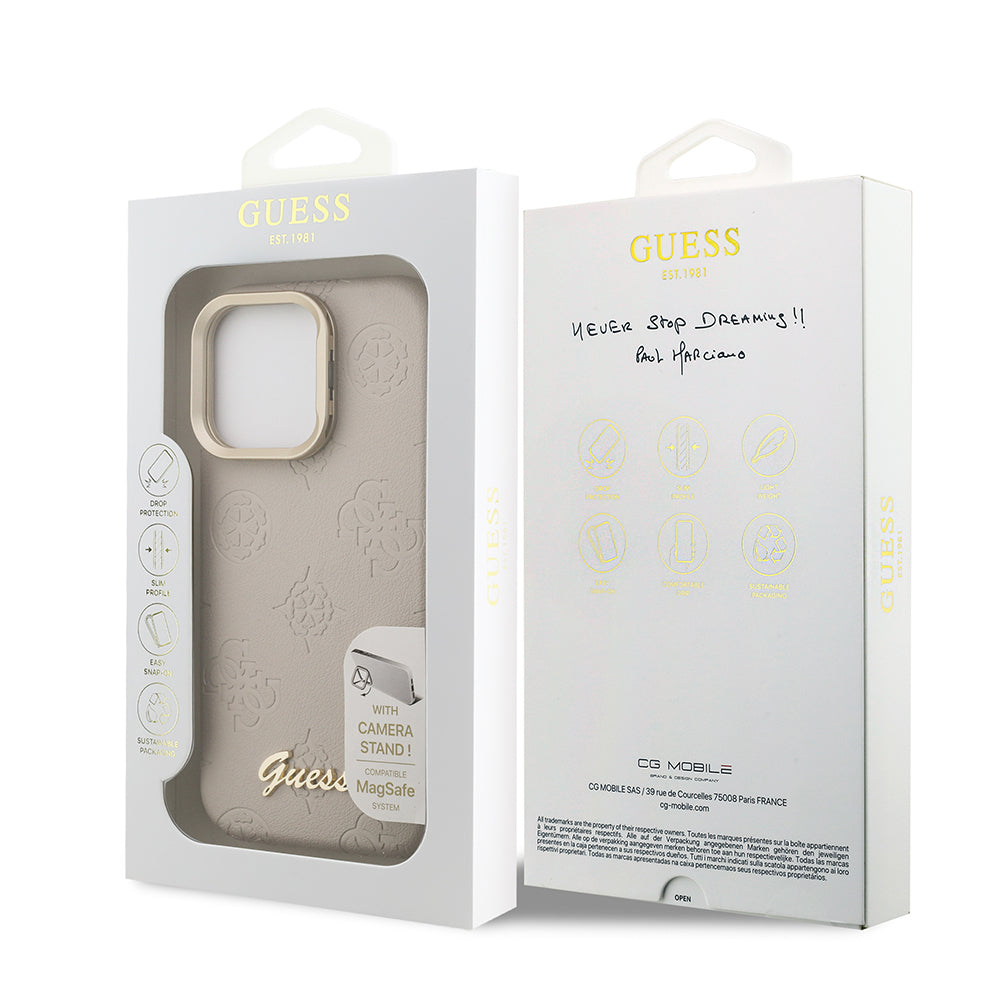 Apple iPhone 16 Pro Max Kılıf Guess Orjinal Lisanslı M-safe Şarj Özellikli Sıcak Baskılı Yazı Logolu Kamera Standlı PU Deri Peony Kapak Pembe