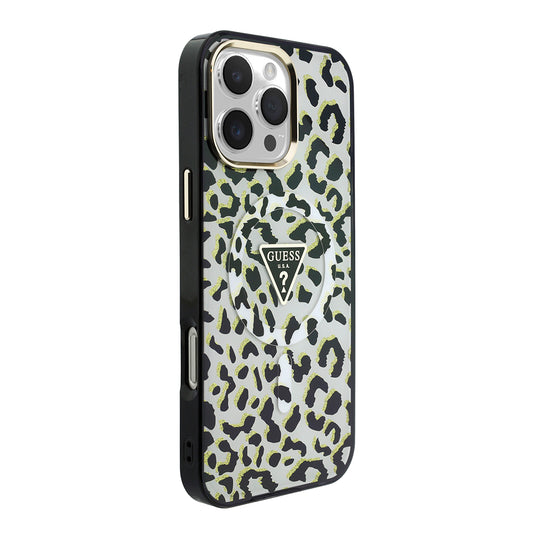 Apple iPhone 16 Pro Max Kılıf Guess Orjinal Lisanslı M-safe Şarj Özellikli Üçgen Logolu Simli Leopar Desenli Kapak