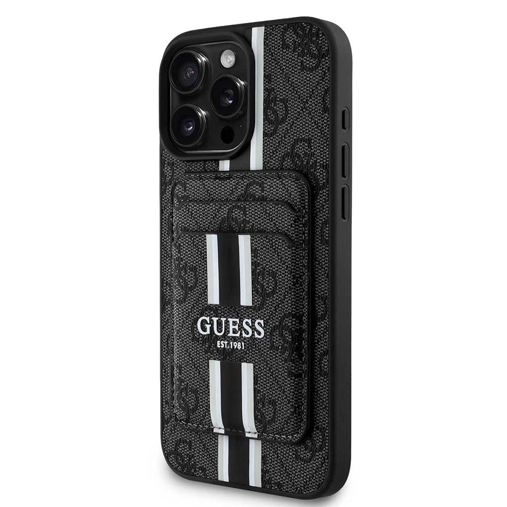 Apple iPhone 16 Pro Max Case Guess Original Licensed M-safe Charging Feature 4G Patterned Striped Card Holder Cover Brown