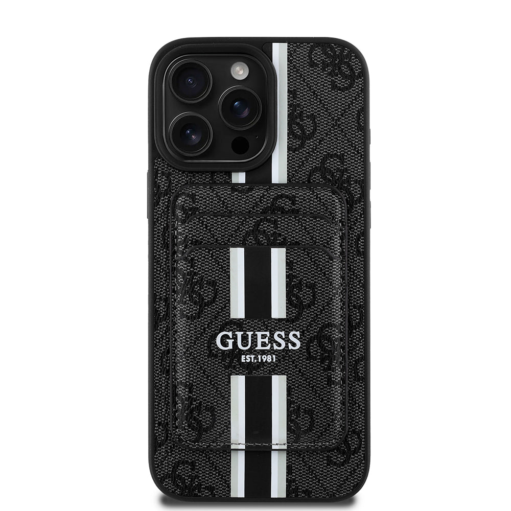 Apple iPhone 16 Pro Max Case Guess Original Licensed M-safe Charging Feature 4G Patterned Striped Card Holder Cover Brown