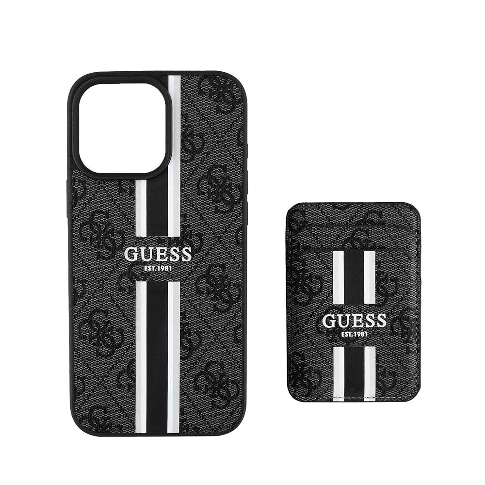 Apple iPhone 16 Pro Max Case Guess Original Licensed M-safe Charging Feature 4G Patterned Striped Card Holder Cover Brown