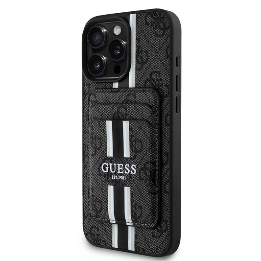 Apple iPhone 16 Pro Max Case Guess Original Licensed M-safe Charging Feature 4G Patterned Striped Card Holder Cover Black