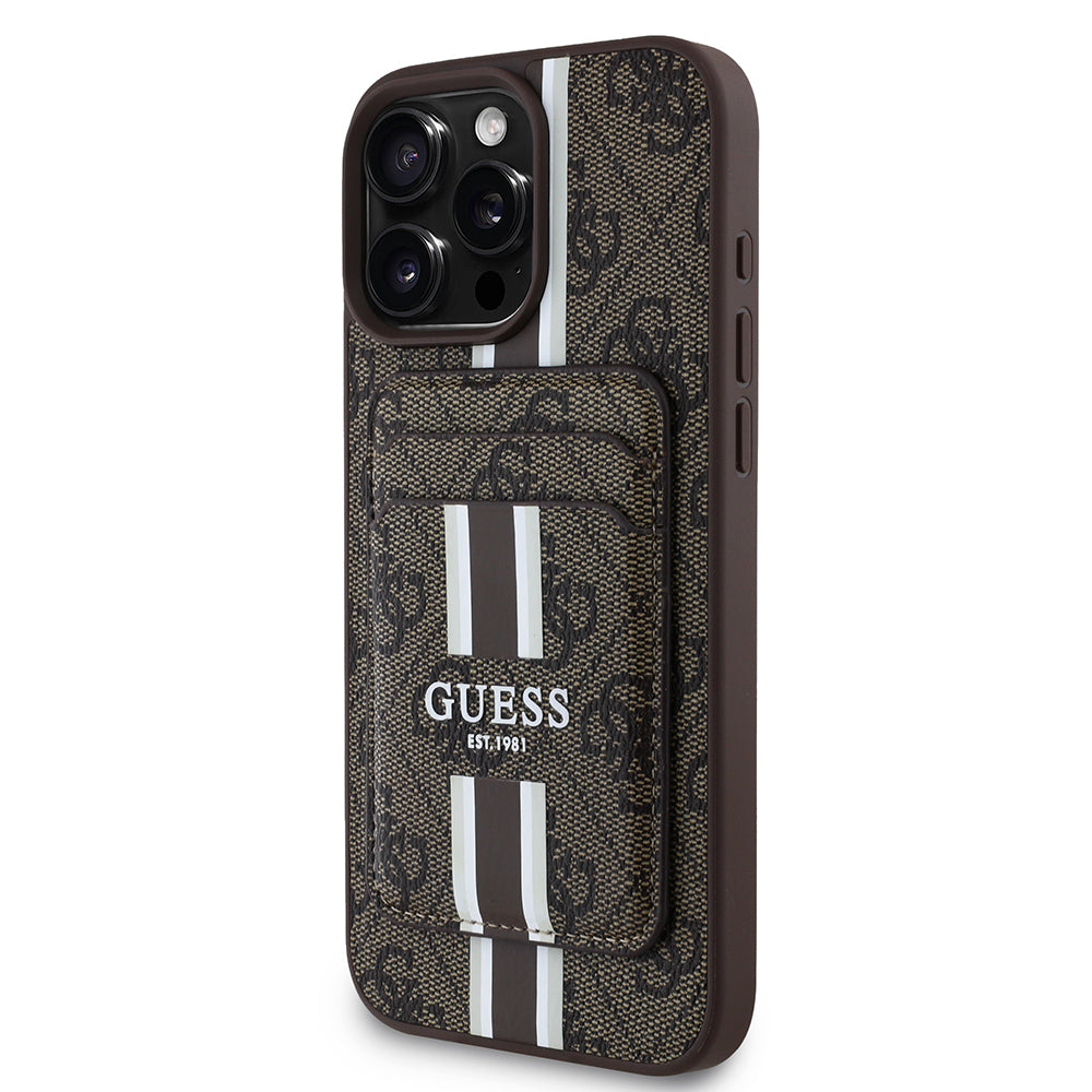 Apple iPhone 16 Pro Max Case Guess Original Licensed M-safe Charging Feature 4G Patterned Striped Card Holder Cover Brown