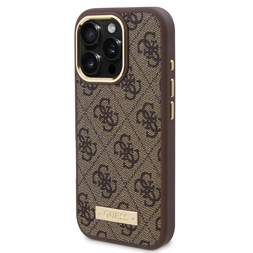 Apple iPhone 16 Pro Max Case Guess Original Licensed M-safe Charging Feature 4G Patterned PU Metal Plate Classic Logo Cover Brown