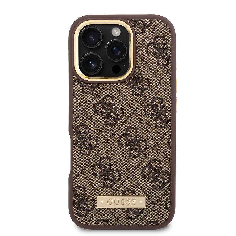 Apple iPhone 16 Pro Max Case Guess Original Licensed M-safe Charging Feature 4G Patterned PU Metal Plate Classic Logo Cover Pink