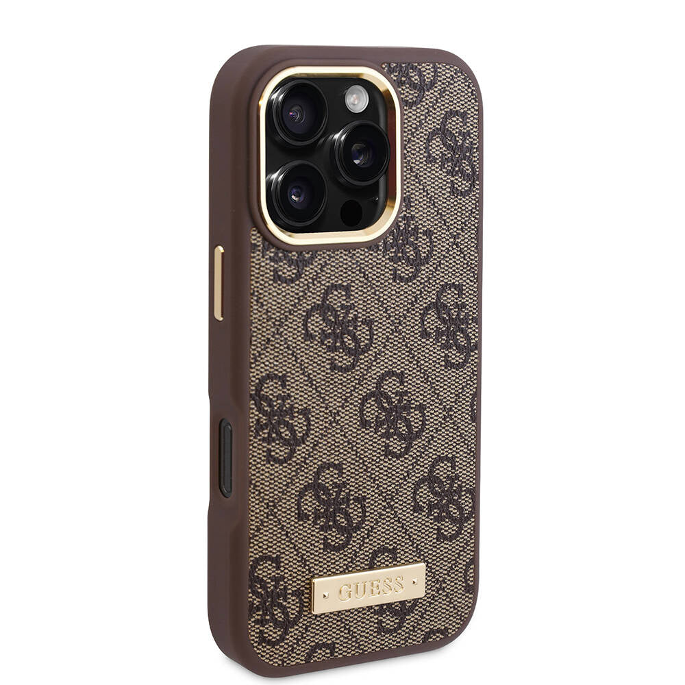 Apple iPhone 16 Pro Max Case Guess Original Licensed M-safe Charging Feature 4G Patterned PU Metal Plate Classic Logo Cover Brown