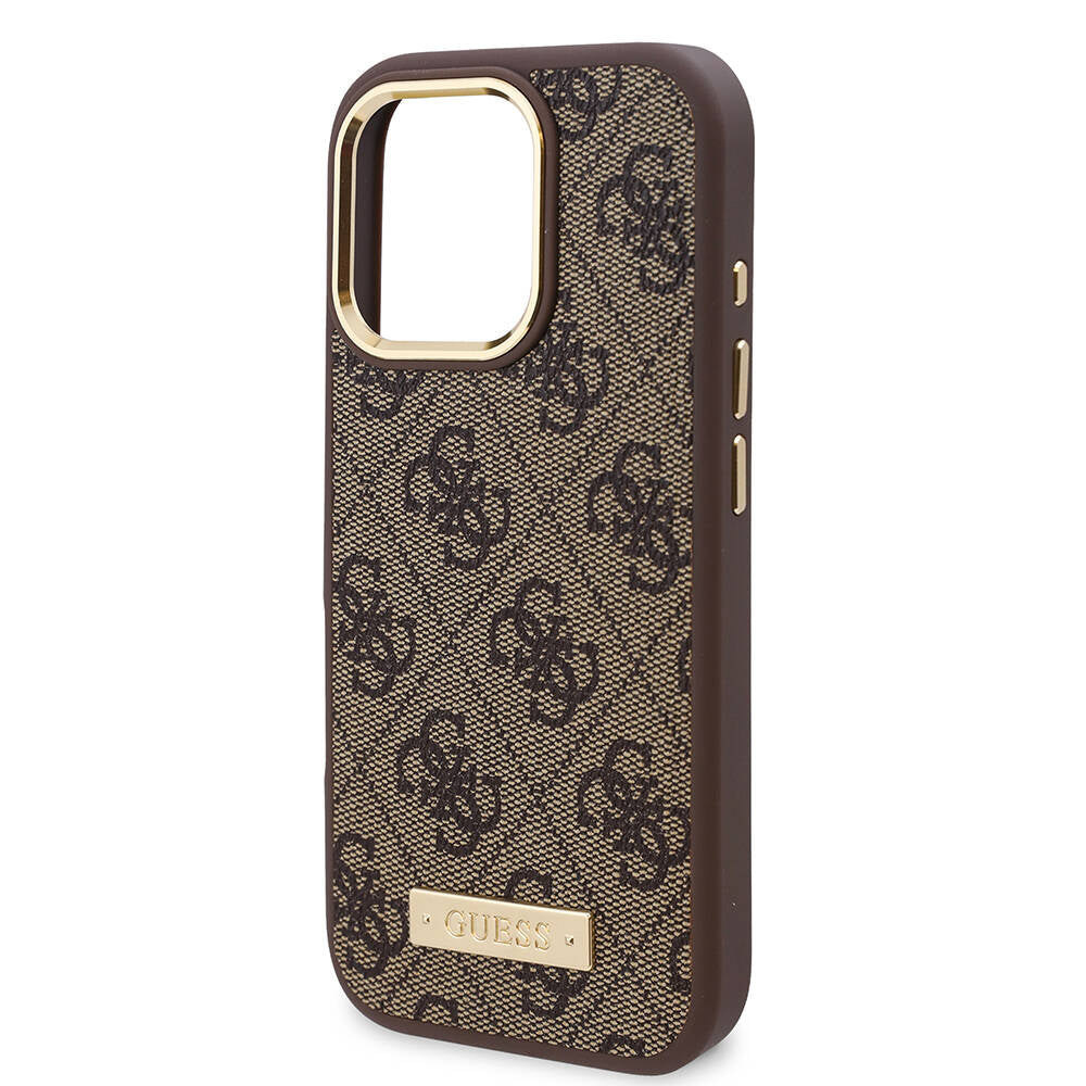 Apple iPhone 16 Pro Max Case Guess Original Licensed M-safe Charging Feature 4G Patterned PU Metal Plate Classic Logo Cover Brown