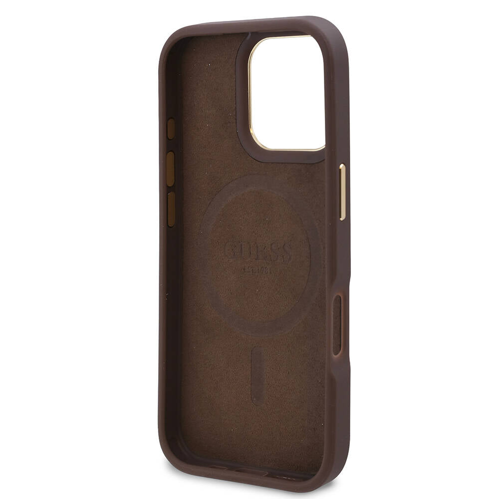 Apple iPhone 16 Pro Max Case Guess Original Licensed M-safe Charging Feature 4G Patterned PU Metal Plate Classic Logo Cover Brown