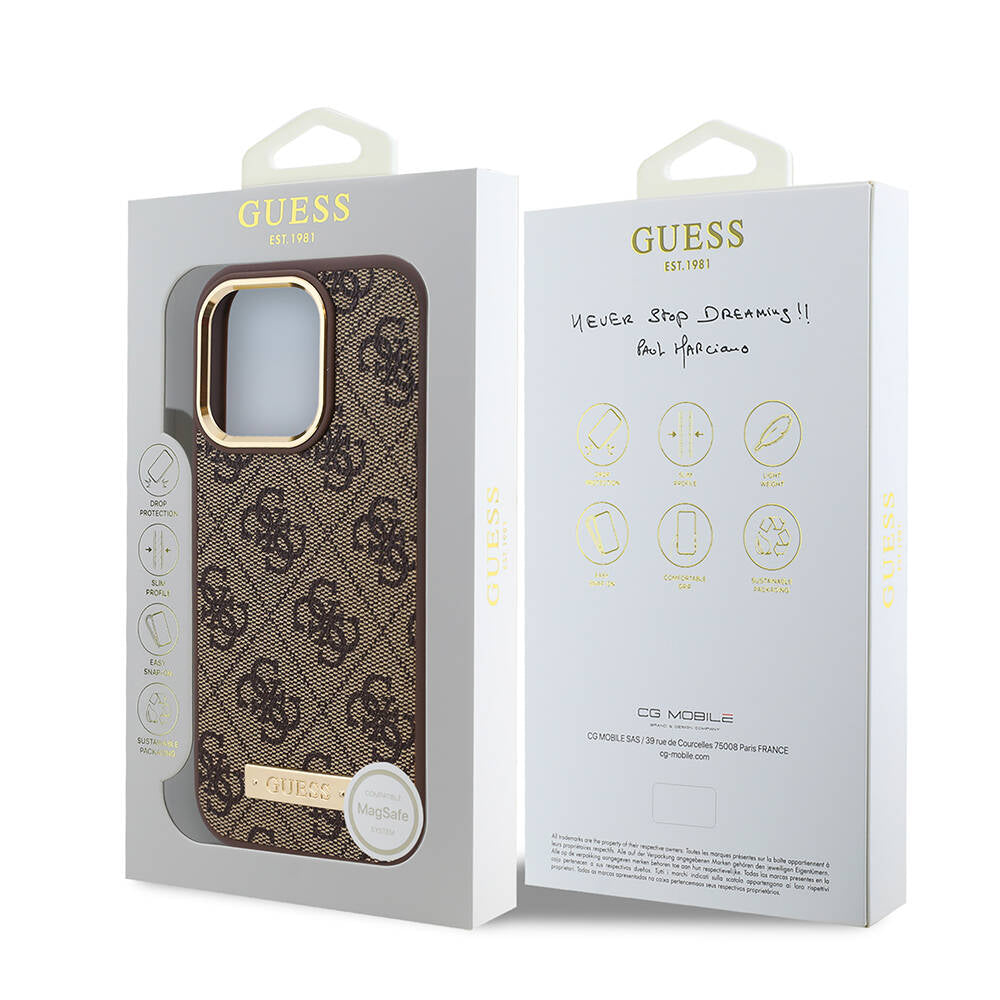 Apple iPhone 16 Pro Max Case Guess Original Licensed M-safe Charging Feature 4G Patterned PU Metal Plate Classic Logo Cover Brown