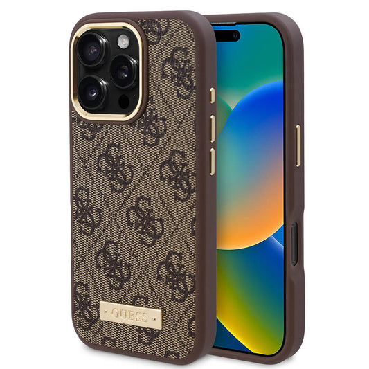 Apple iPhone 16 Pro Max Case Guess Original Licensed M-safe Charging Feature 4G Patterned PU Metal Plate Classic Logo Cover Brown