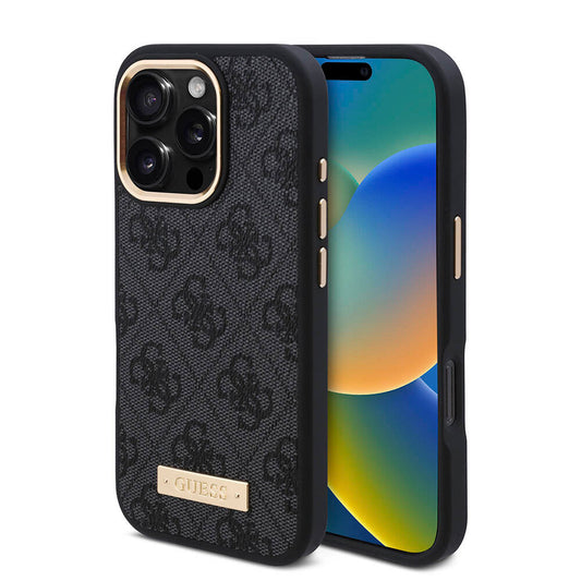 Apple iPhone 16 Pro Max Case Guess Original Licensed M-safe Charging Feature 4G Patterned PU Metal Plate Classic Logo Cover Black