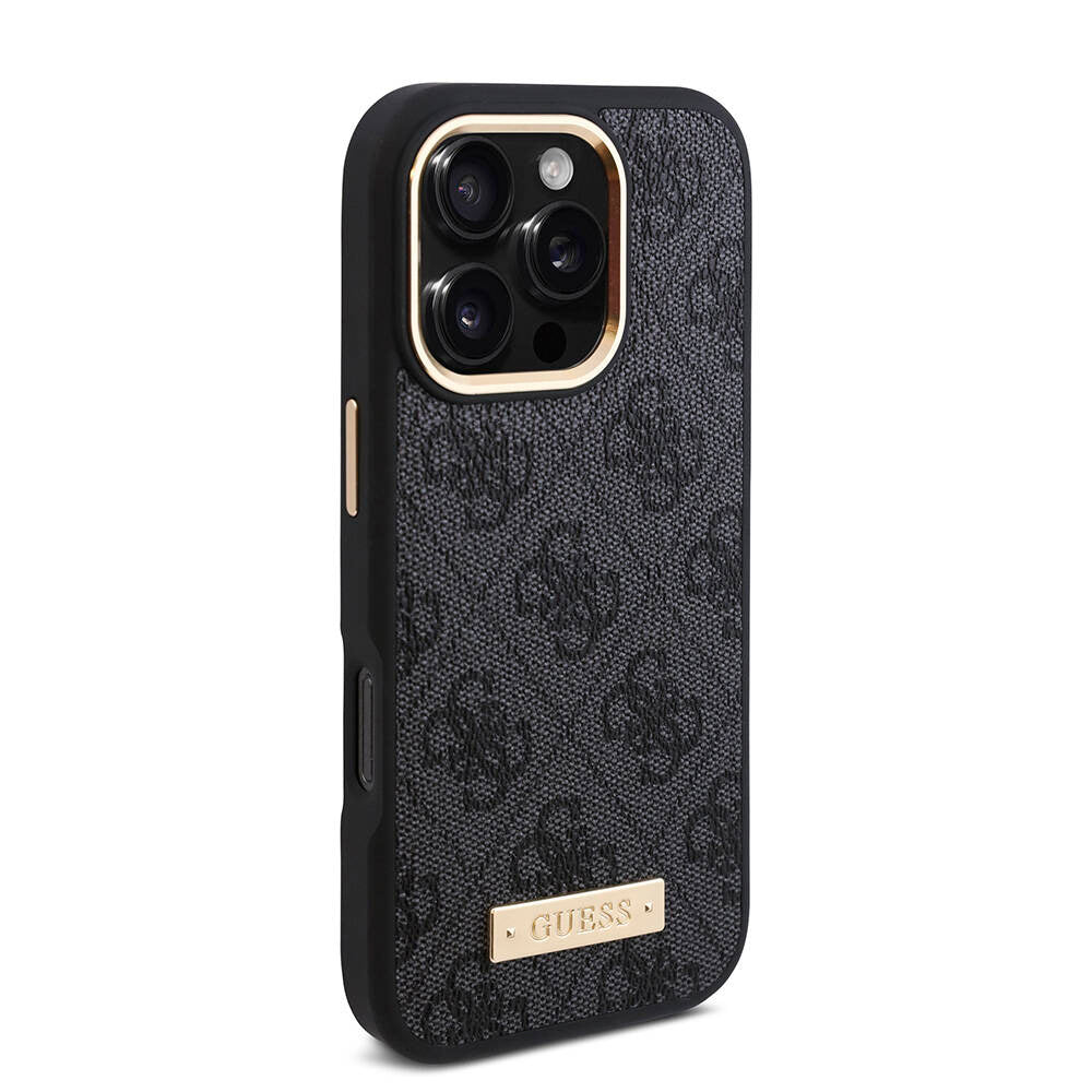 Apple iPhone 16 Pro Max Case Guess Original Licensed M-safe Charging Feature 4G Patterned PU Metal Plate Classic Logo Cover Pink