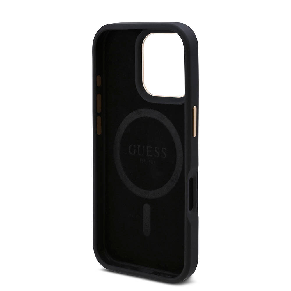 Apple iPhone 16 Pro Max Case Guess Original Licensed M-safe Charging Feature 4G Patterned PU Metal Plate Classic Logo Cover Brown