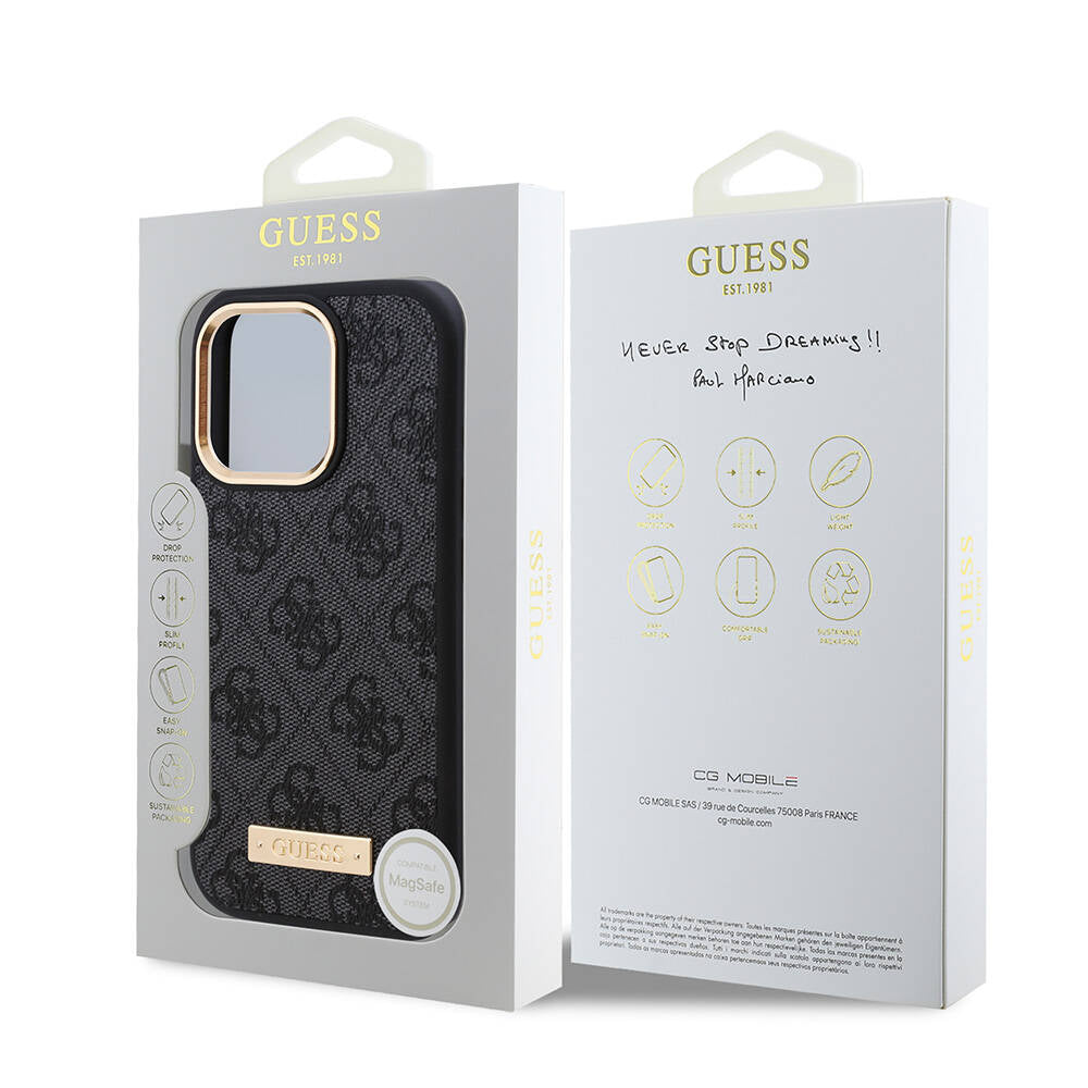 Apple iPhone 16 Pro Max Case Guess Original Licensed M-safe Charging Feature 4G Patterned PU Metal Plate Classic Logo Cover Brown
