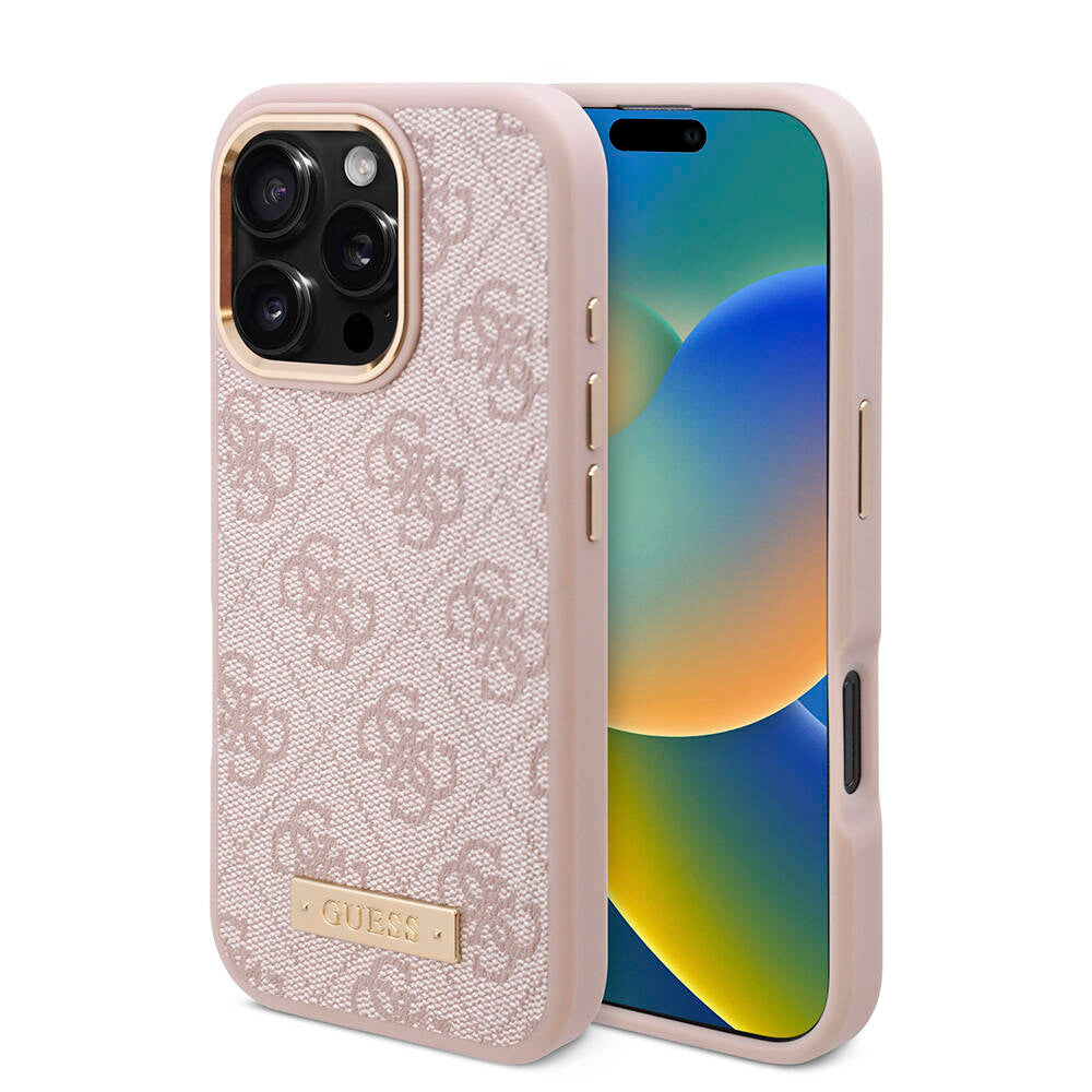 Apple iPhone 16 Pro Max Case Guess Original Licensed M-safe Charging Feature 4G Patterned PU Metal Plate Classic Logo Cover Pink