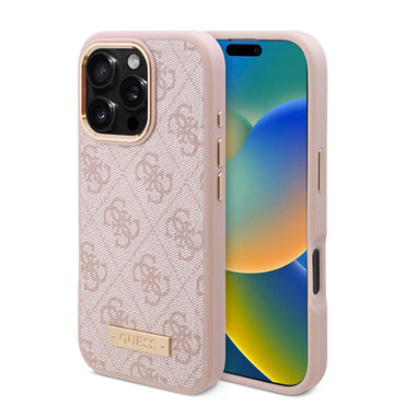 Apple iPhone 16 Pro Max Case Guess Original Licensed M-safe Charging Feature 4G Patterned PU Metal Plate Classic Logo Cover Pink