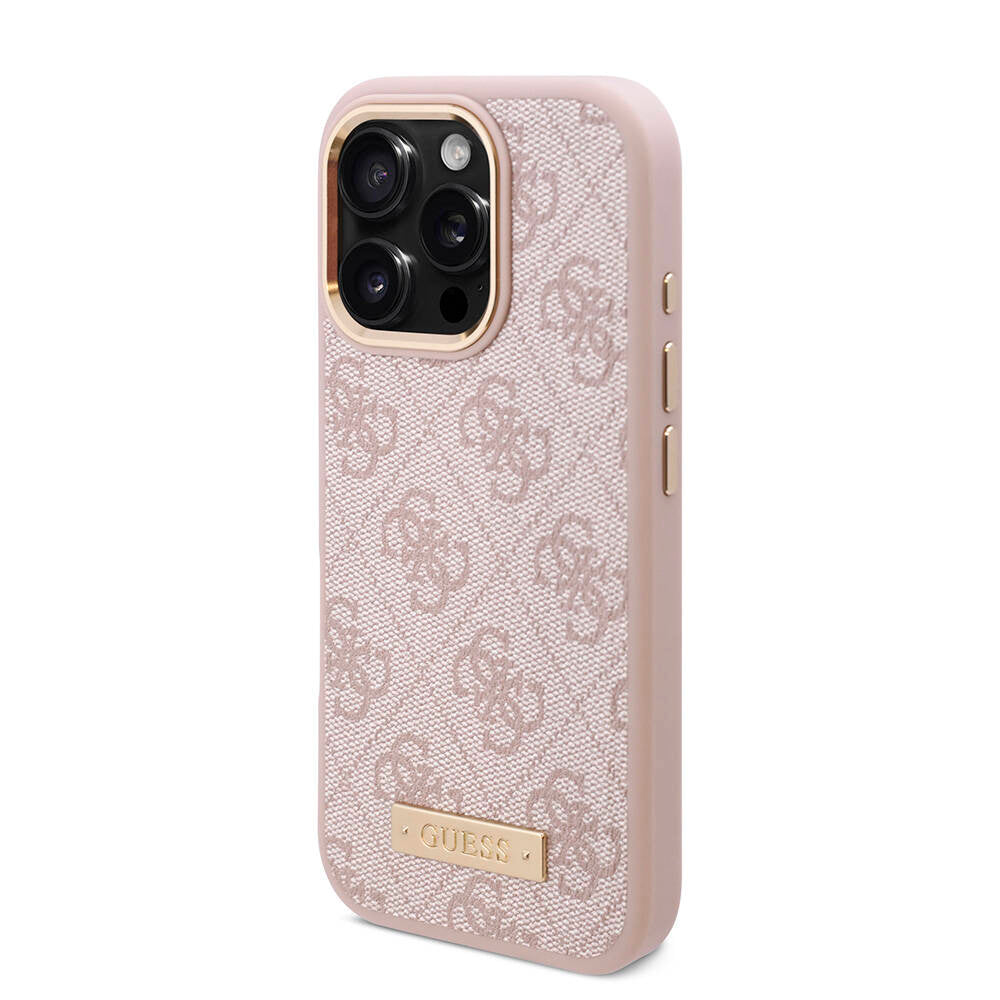 Apple iPhone 16 Pro Max Case Guess Original Licensed M-safe Charging Feature 4G Patterned PU Metal Plate Classic Logo Cover Brown