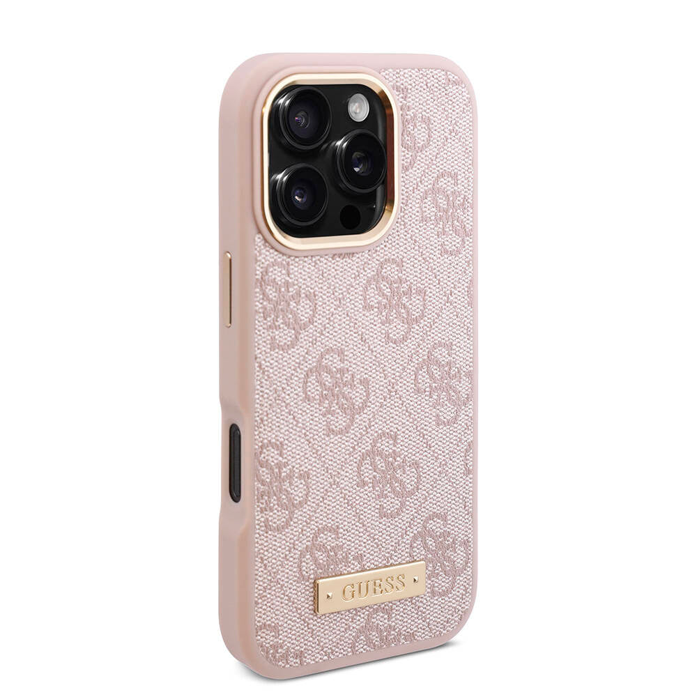 Apple iPhone 16 Pro Max Case Guess Original Licensed M-safe Charging Feature 4G Patterned PU Metal Plate Classic Logo Cover Pink