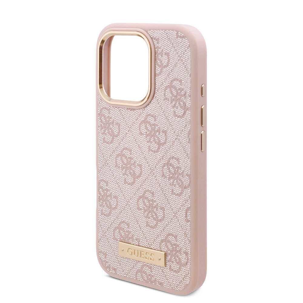 Apple iPhone 16 Pro Max Case Guess Original Licensed M-safe Charging Feature 4G Patterned PU Metal Plate Classic Logo Cover Pink