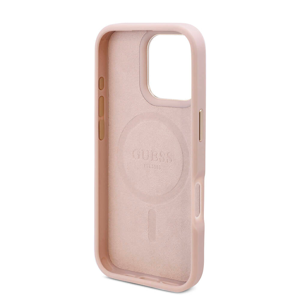 Apple iPhone 16 Pro Max Case Guess Original Licensed M-safe Charging Feature 4G Patterned PU Metal Plate Classic Logo Cover Brown
