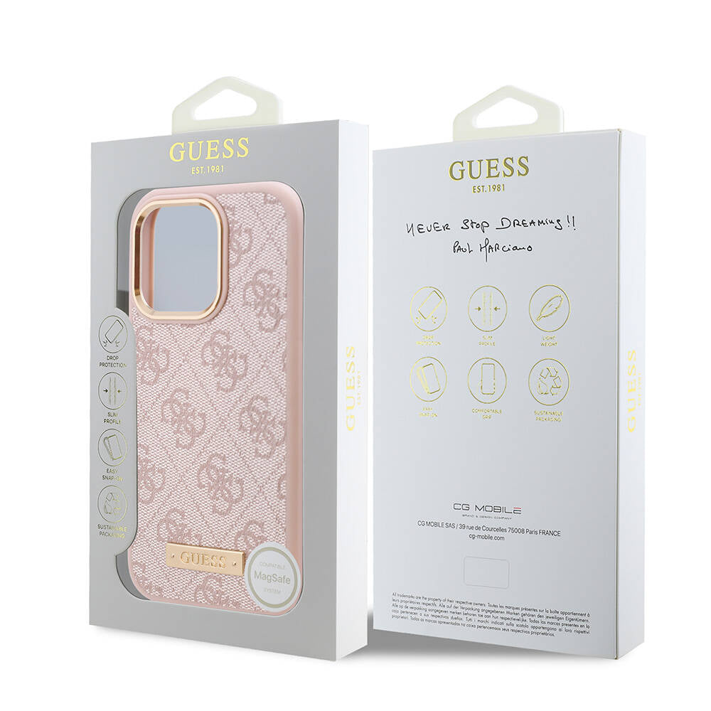 Apple iPhone 16 Pro Max Case Guess Original Licensed M-safe Charging Feature 4G Patterned PU Metal Plate Classic Logo Cover Brown