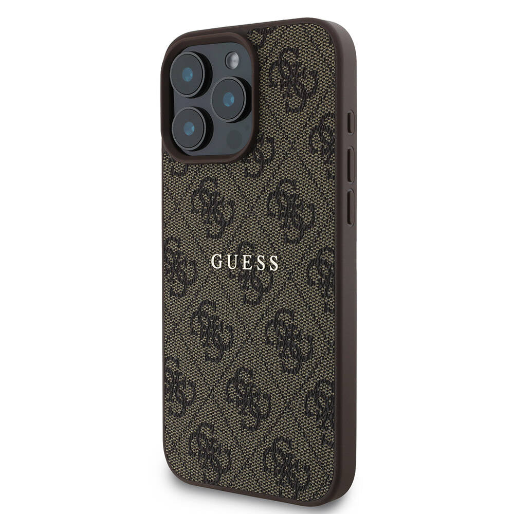 Apple iPhone 16 Pro Max Case Guess Original Licensed M-safe Charging Feature 4G Patterned Text Logo Cover Brown
