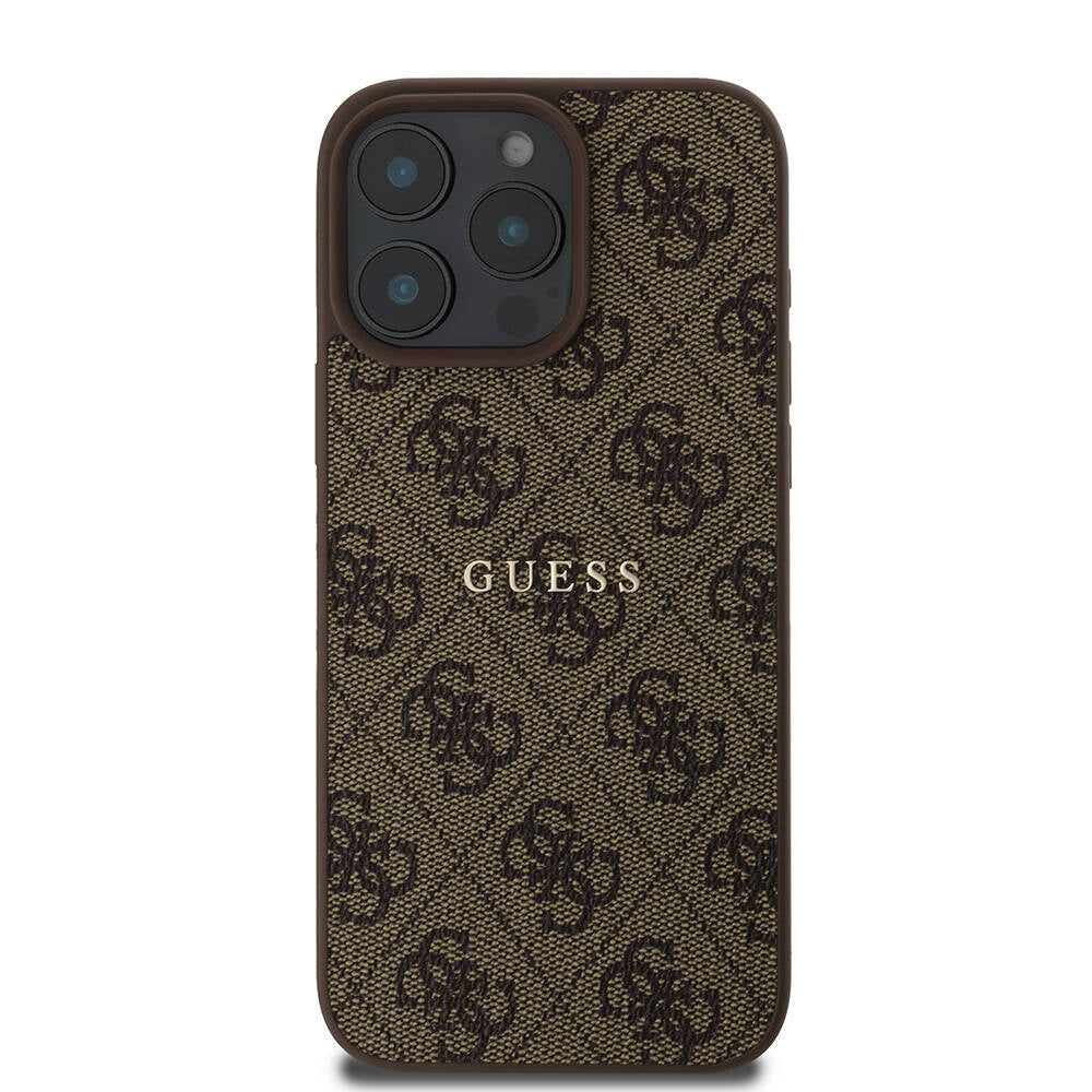 Apple iPhone 16 Pro Max Case Guess Original Licensed M-safe Charging Feature 4G Patterned Text Logo Cover Brown